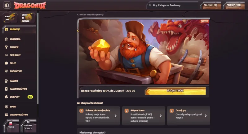 Darmowe spiny i gotówka na start w Dragonia